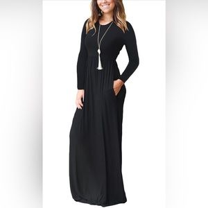 AUSELILY Black Long Sleeve Maxi Dresses With Pockets